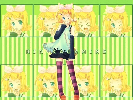 ~Rin Kagamine~ - chick, blush, short hair, vocaloid, blonde, anime, skirt, blue eyes, ribbons, rin kagamine