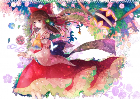 Pretty Hakurei Reimu - colorful, hakurei reimu, brown hair, touhou, butterfly, anime, fish, leaves, flowers