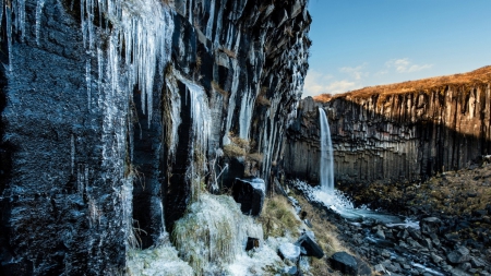 waterfall and icicles on formation cliff - waterfall, formation, cliff, rocks, icicles