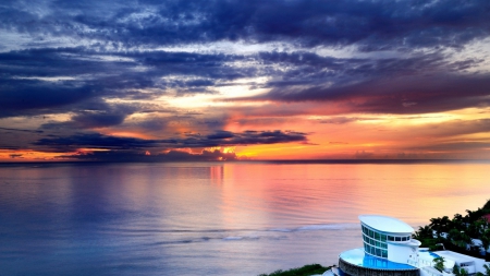 gorgeous resort pool at sunset - clouds, sunset, pool, resort, sea