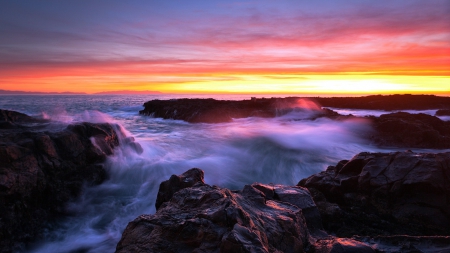 amazing sea shore sunset - shore, sunset, colors, sea, mist, rocks