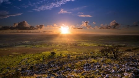 gorgeous sunset over merrival england - hill, town, rocks, clouds, fields, sunset