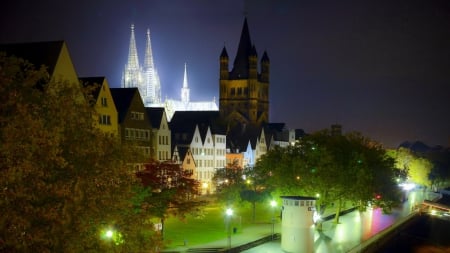 lit up cathedral in cologne germany - cathedral, city, lights, night