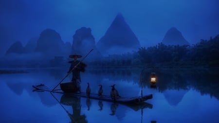 chinese fisherman with his cormorants in the morning - morning, fisherman, mountains, rive, birds, boat