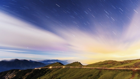 stars at dusk over a highway - dusk, lights, highway, hills, stars