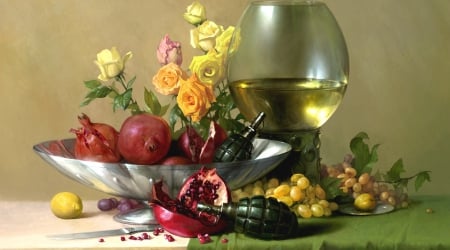 Still Life - flowers, pomegranate, nature, still life