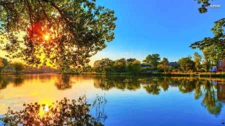 Lakeside Town Sunset - sky, lake, town, water, reflection, trees, sunset, nature