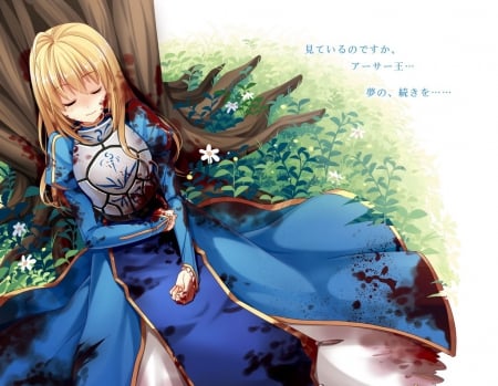 Fate Stay Night - blood, Fate Stay Night, anime, Saber, wounded, dress, blonde, long hair, tree, armor, sleeping