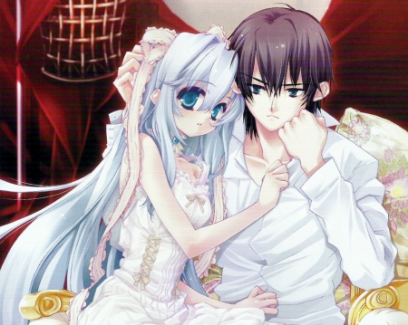 ♡ Couple ♡ - pretty, anime, female, romantic, dress, guy, romance, long hair, white hair, boy, male, short hair, nice, hug, silver hair, gown, anime girl, hot, girl, lovely, brown hair, love, sweet, handsome, cute, lover, sexy, couple