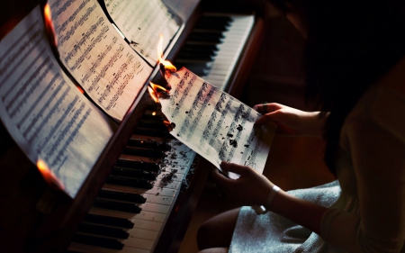 Burning Notes - music, notes, piano, burning