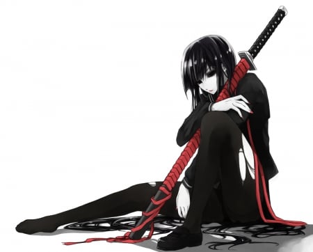 Gloomy Sword - anime, female, gloomy, evil, long hair, dark, scary, gloom, sad, red, katana, hd, weapon, creepy, anime girl, creep, hot, girl, sword, bladed, darkness, black, white, sinister, black hair, cute, sexy, eerie