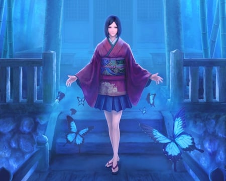 Lady Kimono - pretty, anime, elegant, female, blue, short hair, staircase, gorgeous, hd, nice, anime girl, realistic, beautiful, hot, girl, beauty, kimono, lovely, sweet, yukata, cg, butterfly, cute, stair, 3d, sexy