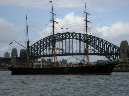 Sailing Ship with Sydney Harbour - sailing, harbour, ship, bridge