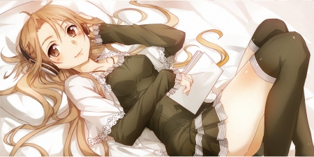 â™ªTrying to write a song  - bed, thigh highs, brown eyes, lie, long hair, book, bown hair, headphones, paper, smile, asuna yuuki, blush, sword art online, dress