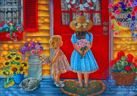 Welcome children - pretty, sunflowers, summer, children, home, surprise, flowers, door, friends, nice, art, cottage, house, kids, beautiful, lovely, sweet, girls, welcome, sisters, painting, cute, gift