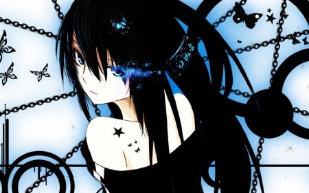 ☆ Black Rock Shooter ☆ - blue, lightning eye, magical, light, stars, black rock shooter, hair pin, butterfly, black hair, lipstick, blue eyes