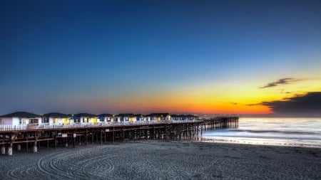 marvelous cabins on a pier - beach, pier, sunset, cabins, sea