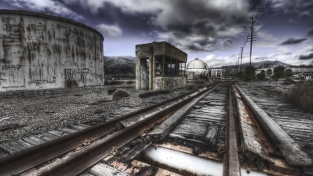 old abandoned switching rail station hdr - tanks, station, clouds, tracks, hdr