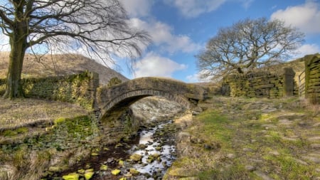 old stone bridge in the countryside - stone, trees, stream, rocks, wall, bridge