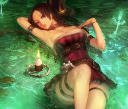 Caitlyn - candle, female, girl, lying, water, caitlyn, flame, league of legends, anime, manga