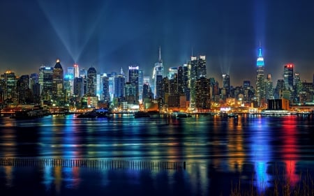 Night in City - citylights, reflection, mirror, water, buildings