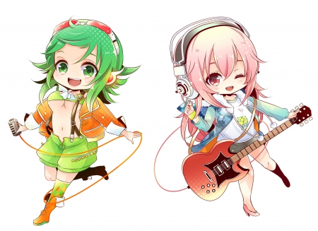 ~Gumi & Megurine~ - anime, vocaloid, green hair, long hair, microphone, short hair, music, gumi, guitar, colorful, headphones, megurine luka, friends, pink hair