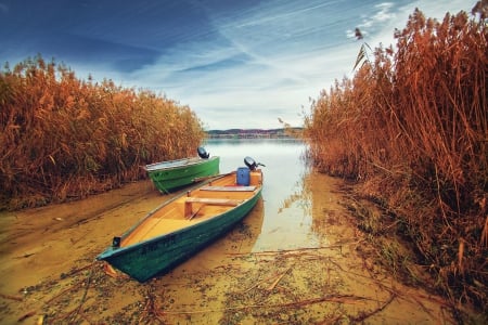 Boats on a River - sky, water, reed, boat, nature