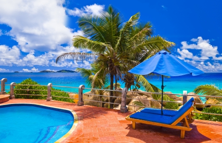 Wonderful Place to Relax - clouds, water, sea, sky, beachchair, palm