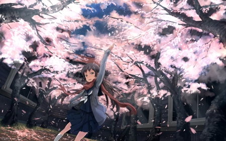 Spring Blossoms~❀ - house, blossoms, anime, skirt, girl, blush, brown hair, crying, wind, unifrom, scarf, sakura flowers