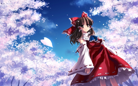 ✿ Hakurei-Reimu Spring ✿ - brown eyes, anime, blush, kimono, brown hair, smile, sakura flowers, cute, ribbon, Hakurei-Reimu Spring, bow