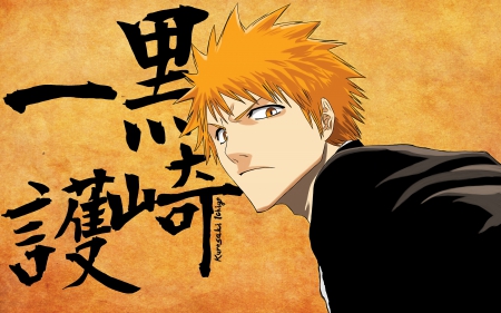 Ichigo Kurosaki - ichigo kurosaki, japnese writing, orange eyes, kimono, background, looking at cemra, orange hair