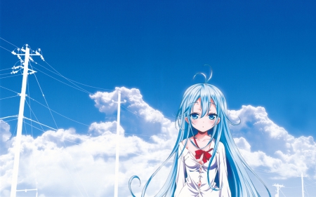 Denpa Onna!!! - waking up, clouds, Cute, denpa onna, Adorable cute, sleepy, blush, blue hair, bow, sky, blue eyes