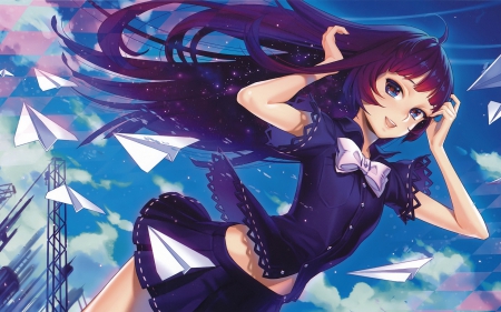 Paper Planes âœˆ - skirt, sky, shirt, blue eyes, red hair, wind, sparkle, paper planes, with blue hair, clouds, anime, ribbon