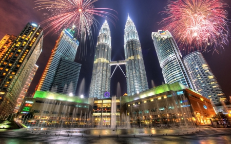 Petronas towers Kuala-Lumpur - mall, scy, capital, fountains, skyskrapers, skyscripers, towers, hdr, fireworks, lights