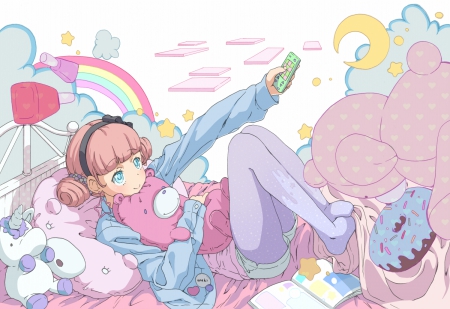 ~Bedtime Activities~ - nail polish, rainbow, bed, toys, girl, remote control, pillows, teddy bears, clouds, anime