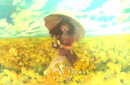 Fun In The Golden Afternoon - sky, yellow flowers, girl, field, clouds, petals, umbrella, anime, dress