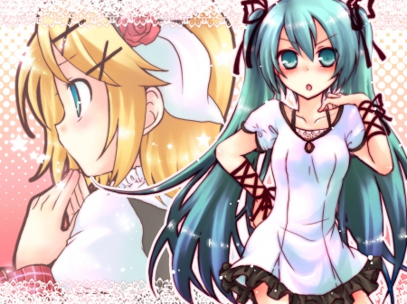 ~Hatsune & Rin~ - vocaloid, blonde, anime, long hair, friends, blue eyes, hatsune miku, blue hair, rin kagamine