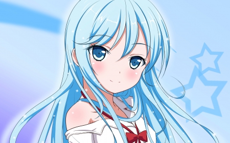 Denpa Onna (｡◕‿‿◕｡) - shirt, sarkle, blue hair, cute, blush, bow, Denpa Onna, blue eyes