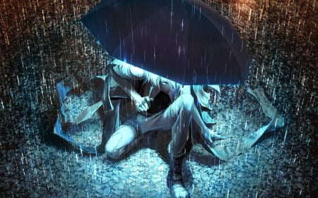 Set the rain on Fire!!! - under, rain, cool, white eyes, white hair, anime, girl, umbrella, white, wet, guy