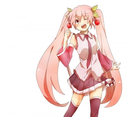 Sakura Miku - pretty, anime, vocaloid, twin tail, female, cherry, twintail, wink, hatsune miku, long hair, plain, hd, sakura miku, nice, pink hair, twin tails, anime girl, sakura, twintails, hot, girl, simple, lovely, sweet, white, miku, cute, hatsune, sexy, vocaloids