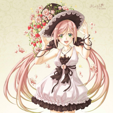 FlowerBerry Hat - hot, anime girl, elegant, petals, sexy, long hair, divine, floral, beautiful, sweet, dress, happy, nice, beauty, strawberry, cap, female, hat, twintail, gorgeous, pretty, anime, cute, twin tail, girl, twintails, pink hair, lovely, gown, fruit, hd, green eyes, twin tails, sublime, blossom, smile, flower