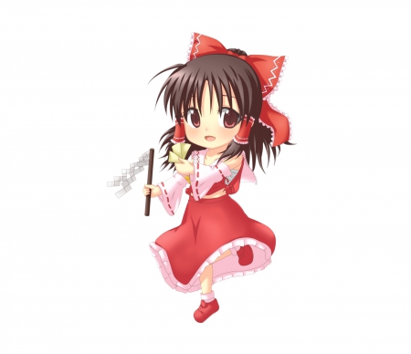 Hakurei Reimu - pretty, anime, hakurei, kawaii, female, dress, shrine maiden, adore, long hair, red, plain, ribbon, hd, chibi, reimu, nice, hakurei reimu, brown eyes, anime girl, girl, simple, lovely, brown hair, sweet, white, cute, adorable