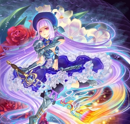 Pixiv Sword - nice, beauty, female, hot, anime girl, elegant, blade, fantasy, armor, gorgeous, pretty, anime, sword, cute, maiden, love, lady, sexy, girl, warrior, long hair, purple hair, gown, lovely, abstract, floral, beautiful, blossom, weapon, sweet, dress, flower