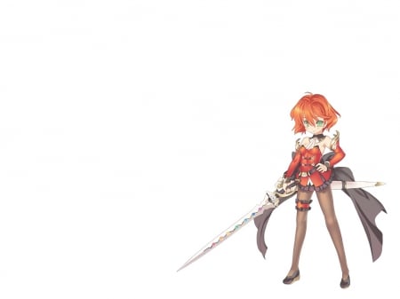 Shiera - female, hot, video game, knight, simple, anime girl, rpg, armor, blade, white, game, orange hair, anime, sword, cute, short hair, sexy, girl, warrior, hd, plain, weapon