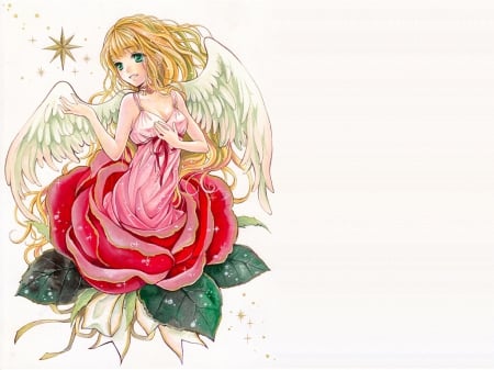 Rose Angel - angel, wings, anime girl, elegant, white, blond hair, sparks, blonde hair, feather, lady, divine, flora, beautiful, sweet, dress, nice, beauty, female, blond, rose, gorgeous, pretty, anime, short hair, fantasy girl, maiden, girl, lovely, gown, imple, star, wing, sublime, plain, blonde, flower