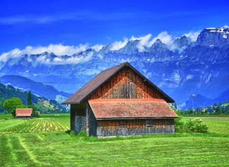 Summer day - house, summer, beautiful, splendor, landscape, outdoor, colors, view, barn, color, mountains