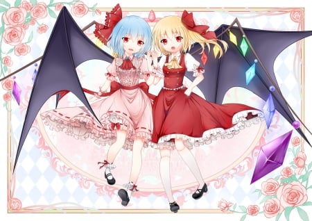 Flandre & Remilia Scarlet - Flandre Scarlet, dresses, roses, anime, Remilia Scarlet, bows, vampires, red eyes, flowers, colorful, sisters, wings