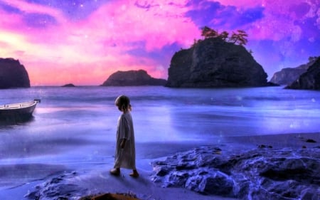 Fantasy - ocean, girl, night, water, child, summer, fantasy, purple, dark, pink, blue, sea, boat