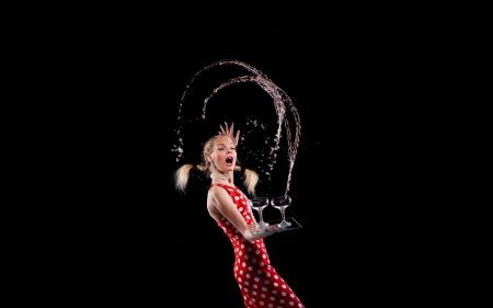 Ups! - red, funny, glasses, black, water, blonde, cup, girl, dress, woman