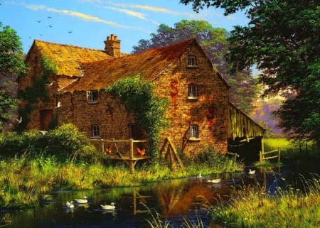 Countryside paradise - beauty, cottage, sky, trees, paradise, peaceful, countryside, creek, villa, painting, art, quiet, river, house, grass, bridge, hen, summer, shore, serenity, nature, village, rest